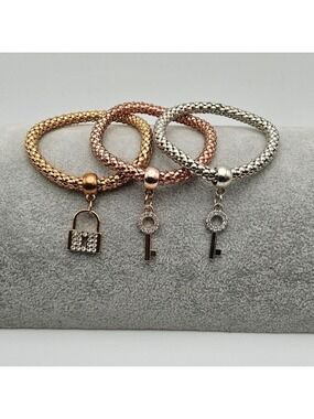 Gold, Rose Gold, and Silver Lock and Key Charm Bracelets, Stretchy Design